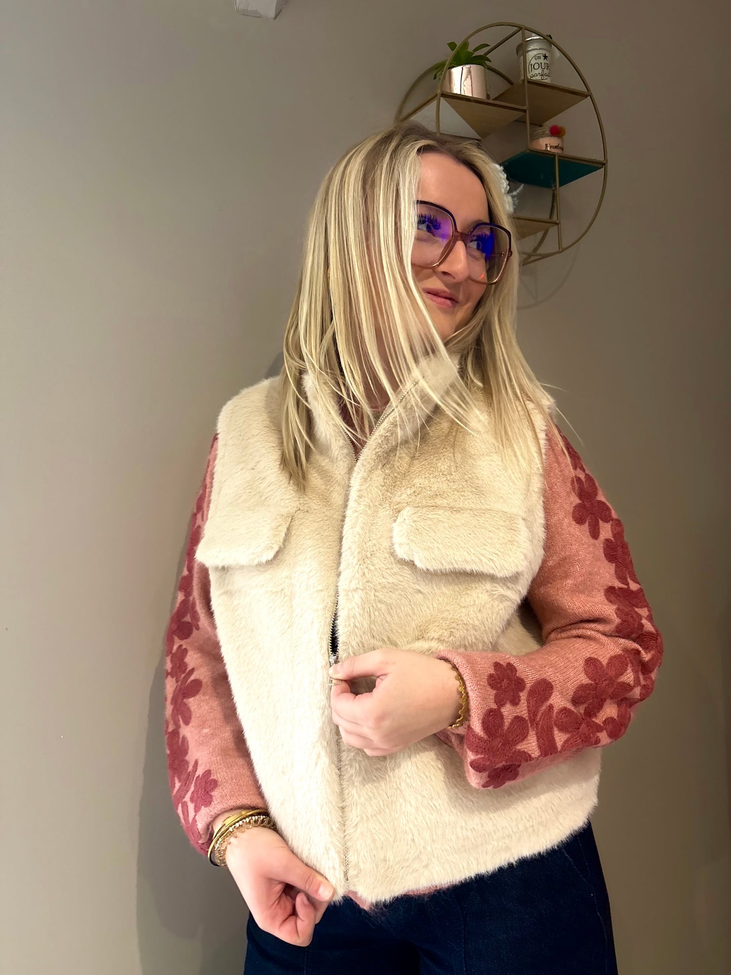 Veste fourrure sans manche écru