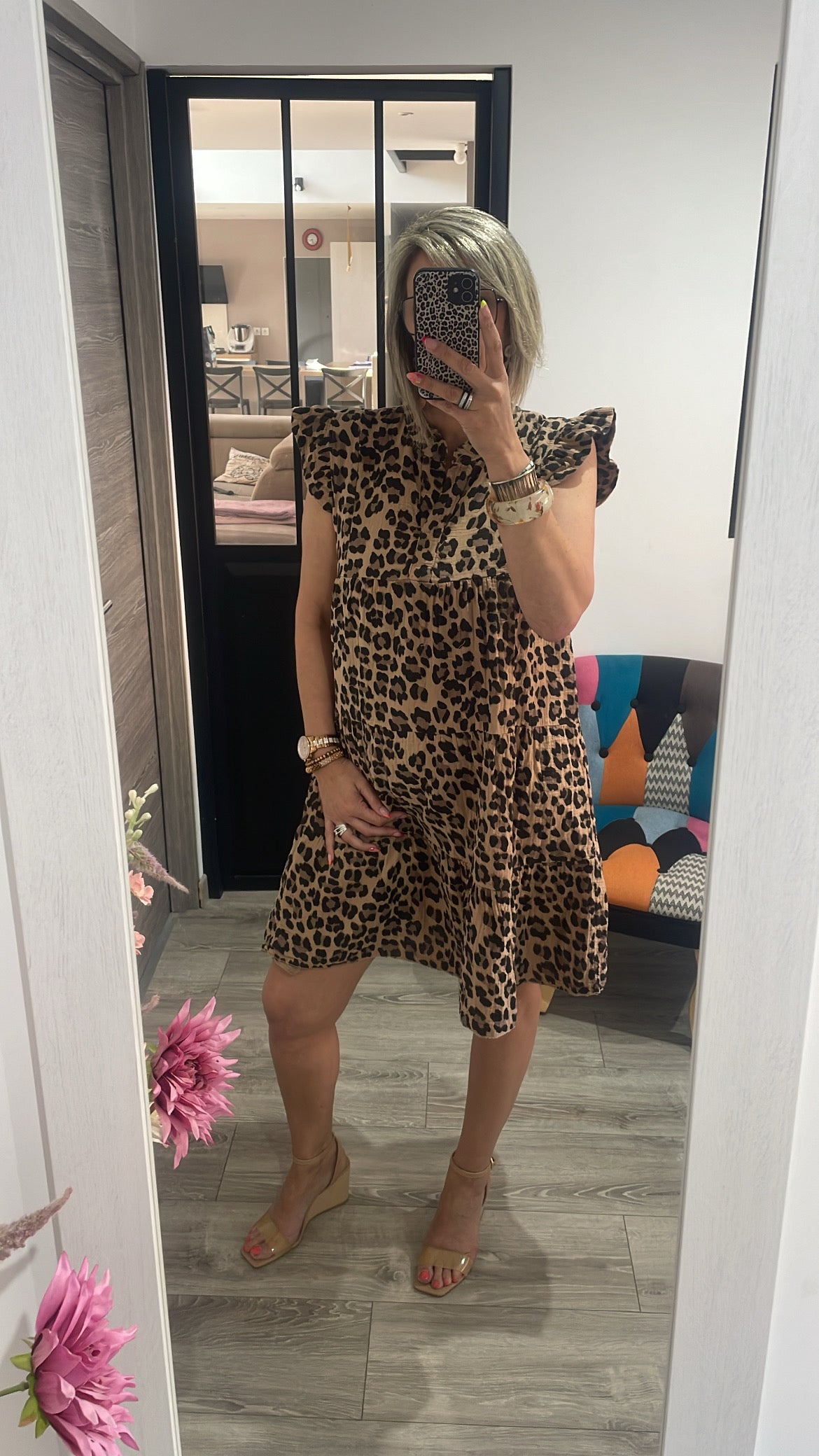 Robe courte léopard gaze de coton