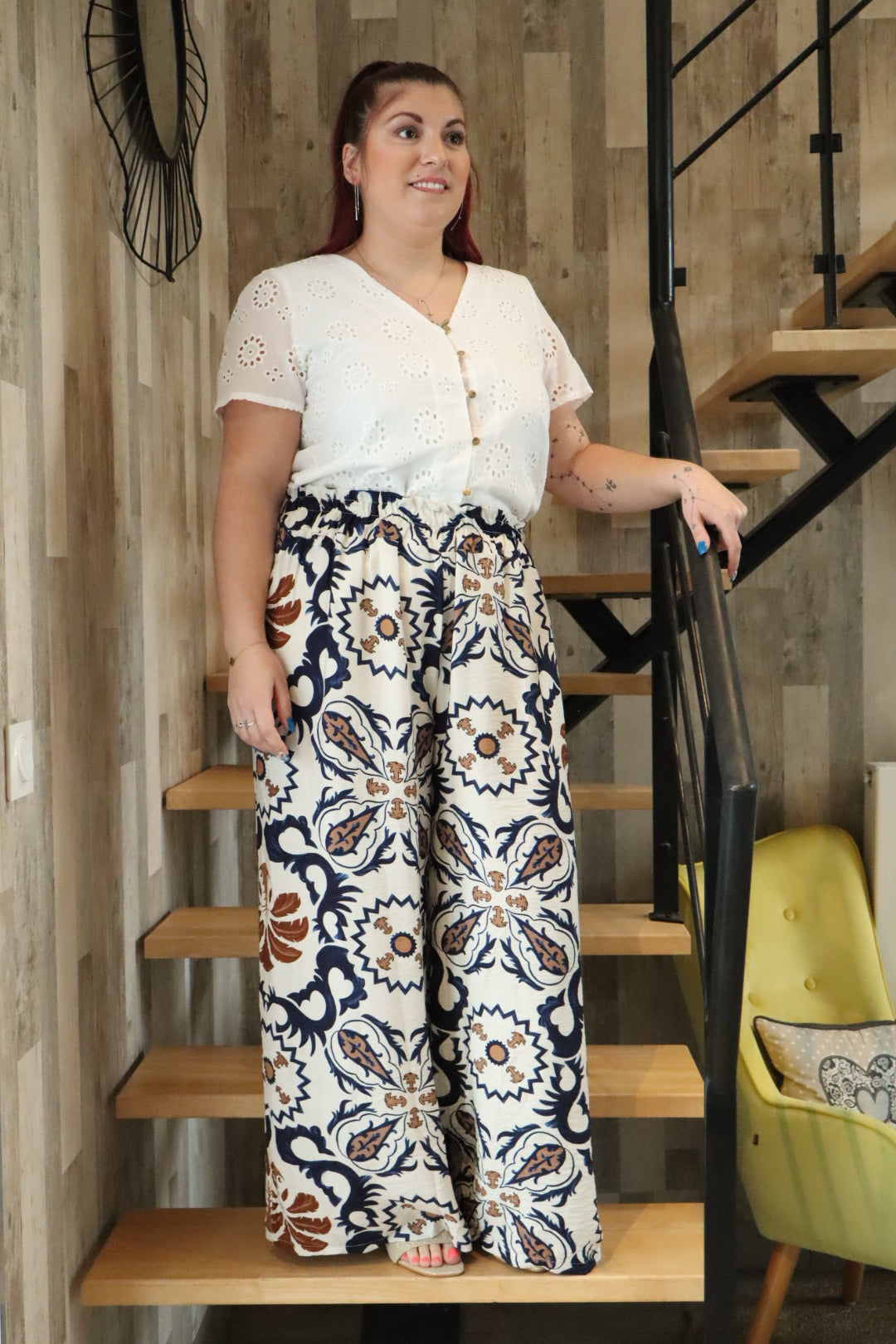 Pantalon fluide grande taille motif bohème bleu