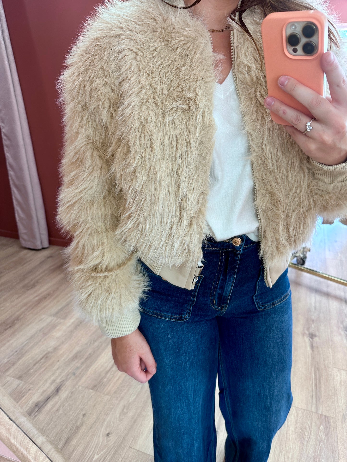 Veste bomber en fausse fourrure beige