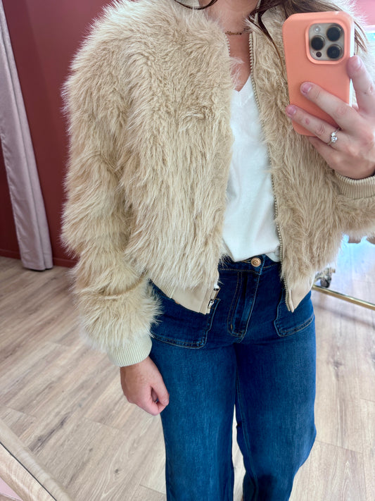 Veste bomber en fausse fourrure beige