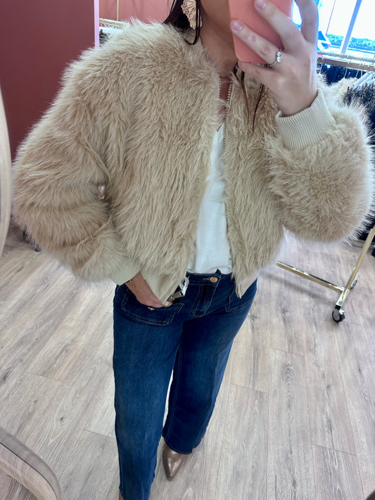 Veste bomber en fausse fourrure beige