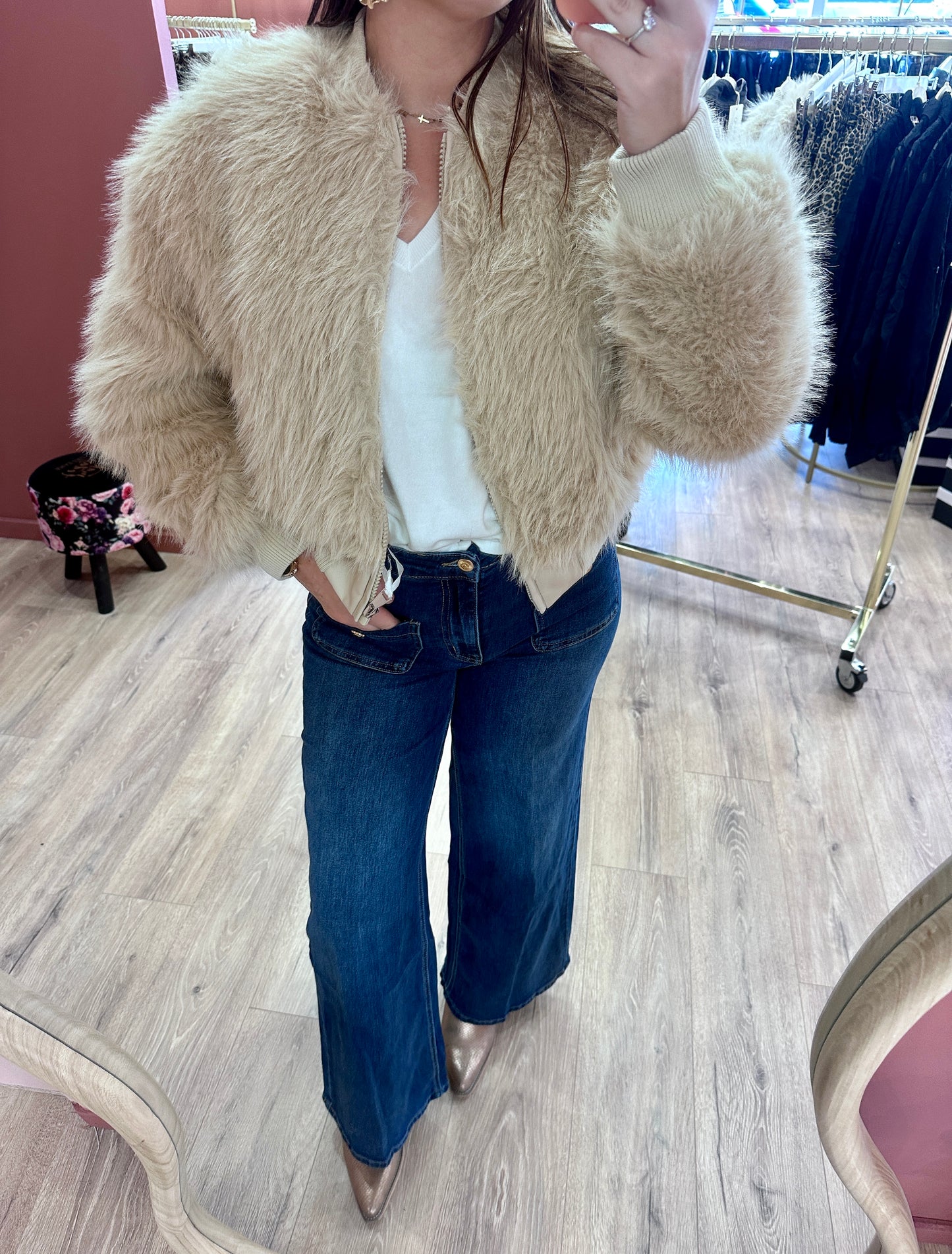 Veste bomber en fausse fourrure beige