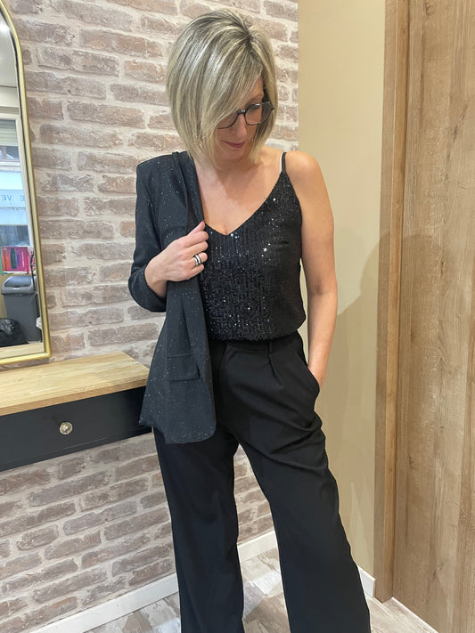 Top sequin noires fines bretelles