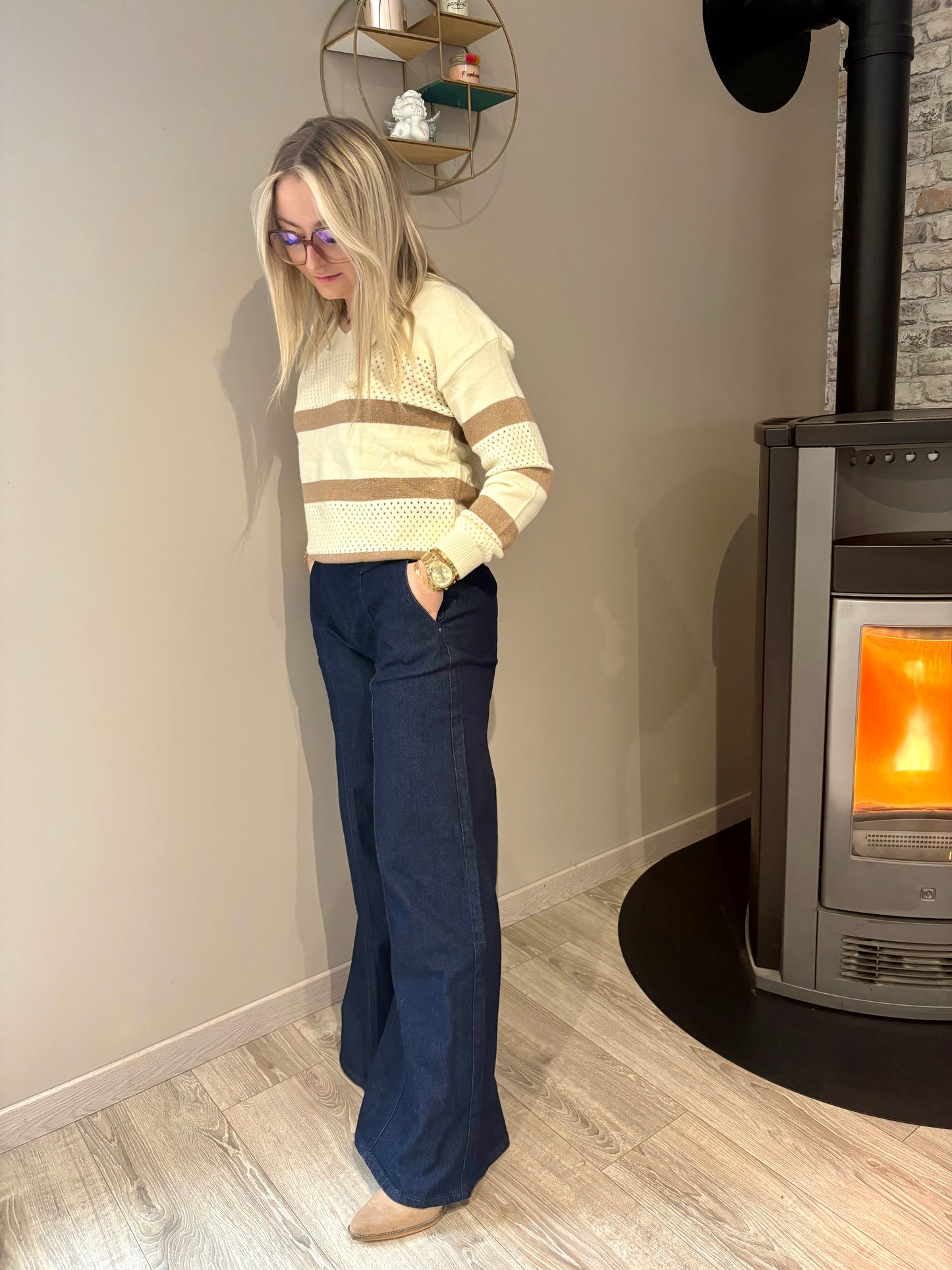 Jean palazzo fit high waist brut