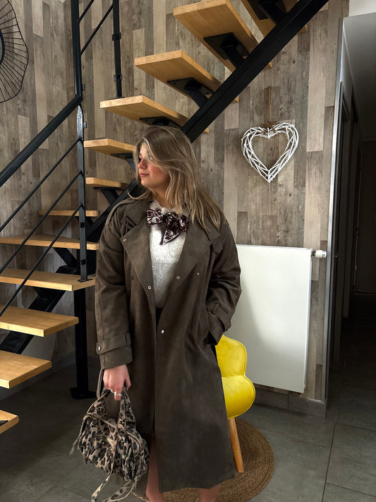 Veste longue en suédine kaki