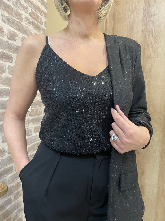 Top sequin noires fines bretelles