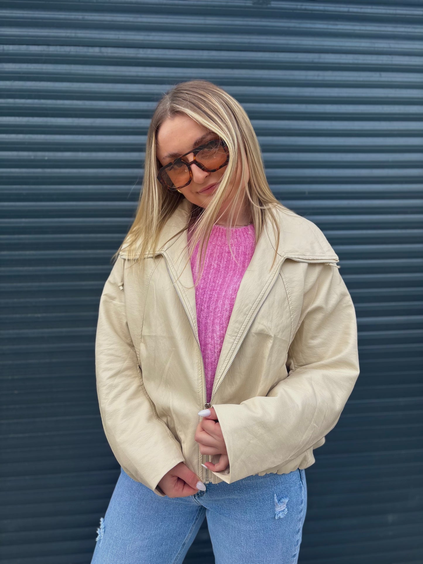 Blouson simili cuir écru