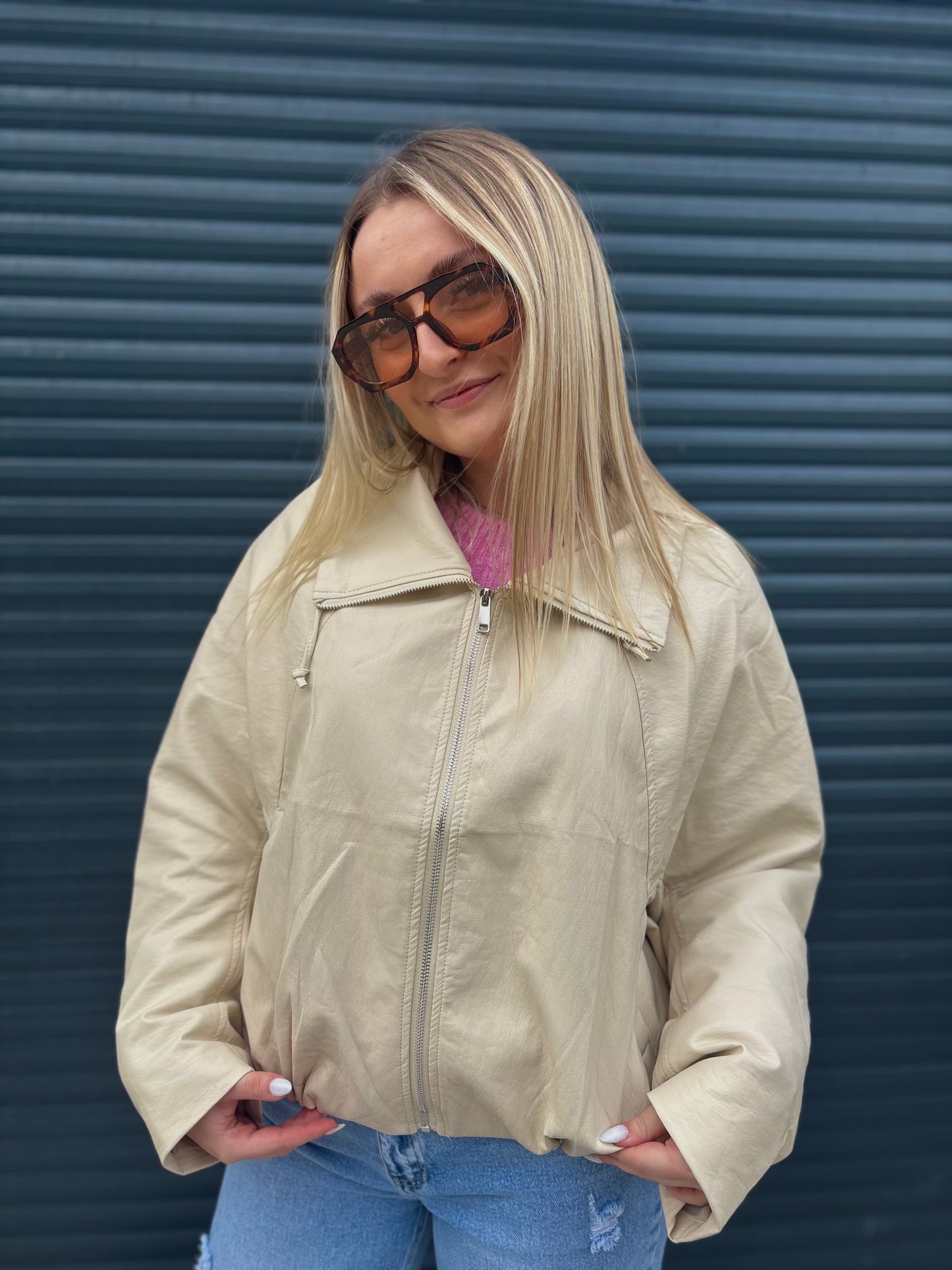 Blouson simili cuir écru