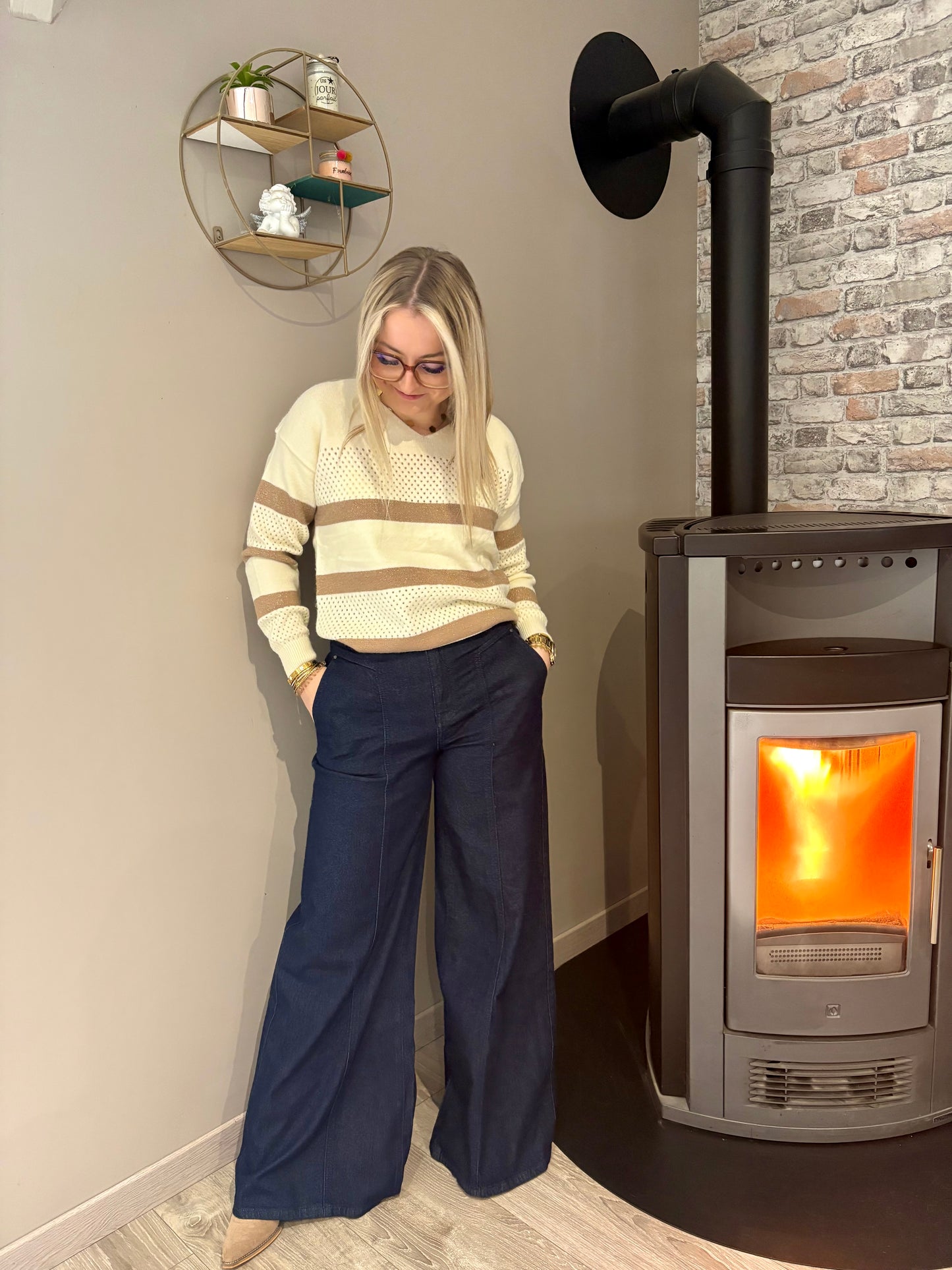 Jean palazzo fit high waist brut