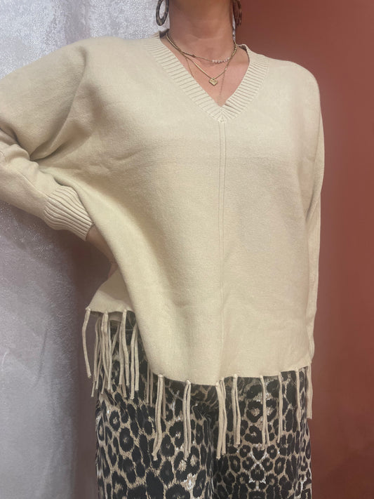 Pull beige à franges