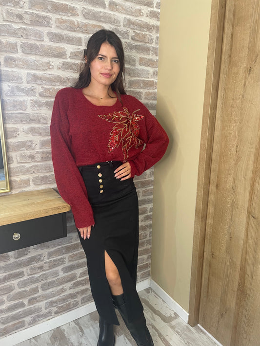 Pull bordeaux fleur sequin