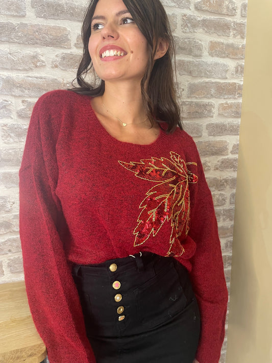Pull bordeaux fleur sequin
